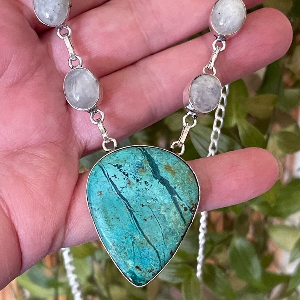 Chrysocolla and rainbow moonstone necklace